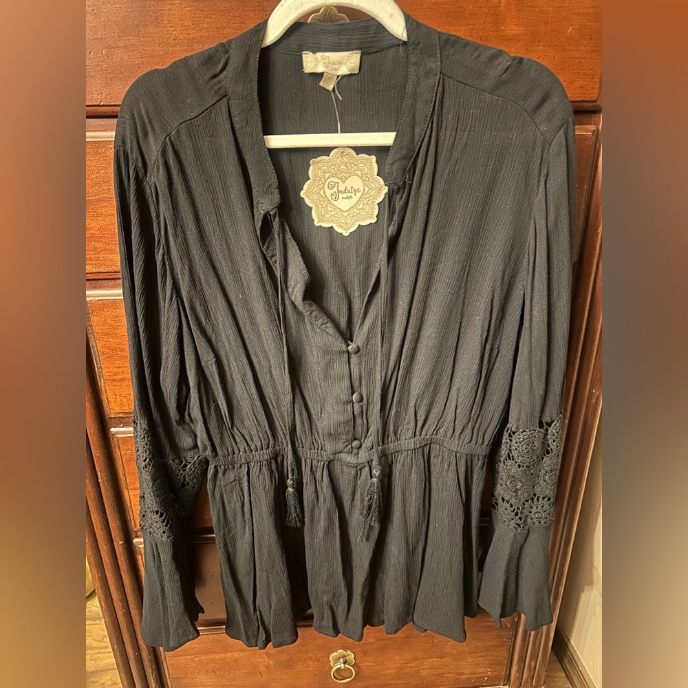 Indulge Instyle Black Button-Front Boho Top with Crochet Sleeve Detail Size 1x